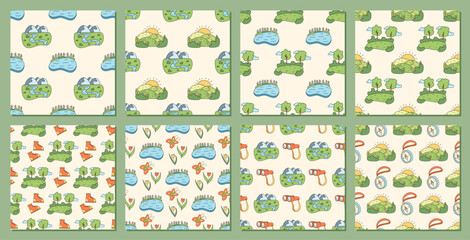 Seamless outdoor nature doodle pattern pack with mountain, forest and river in color style. Adventure camp design as lake and pack element for vibrant trip themes colorful hiking backgrounds. © moonnoon