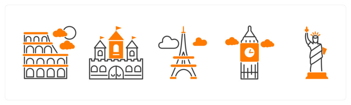 A set of 5 mix icons as colosseum, fort, eiffel tower