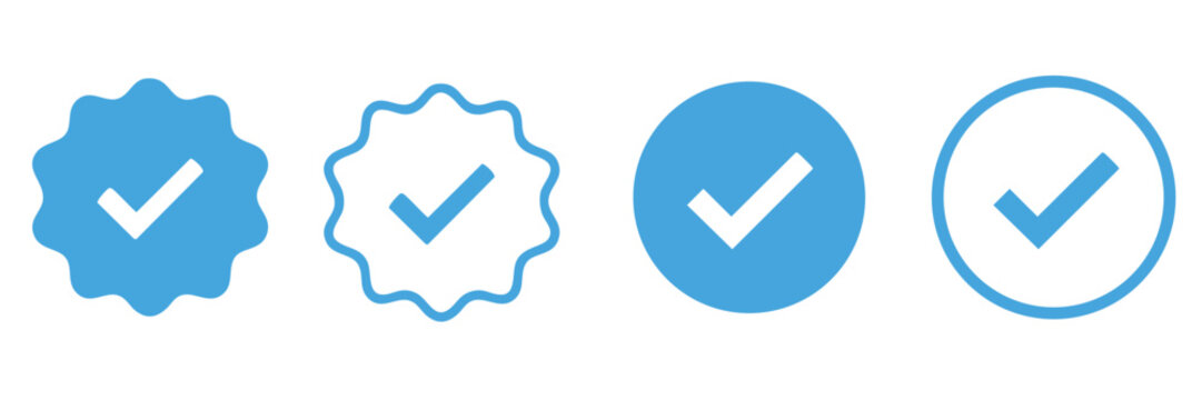 Collection of blue verification and checkmark icons in various shapes and styles for approval and confirmation