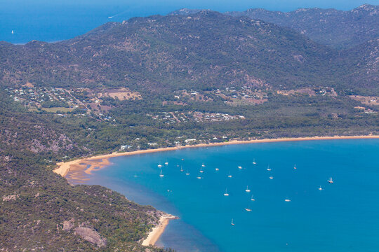 horseshoe bay aerial view townsville queensland coast beach boats water nature landscape hills trees queensland australia magnetic island