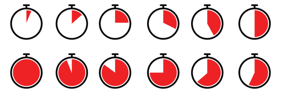 A set of timer and stopwatch pie charts on for data visualization and statistics