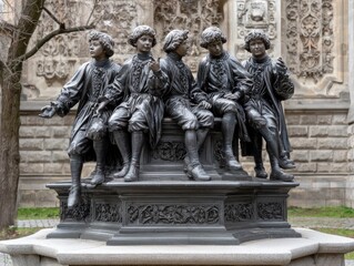 Obraz premium An intricate bronze sculpture depicts a group of five young men in elaborate historical costumes, seated together on an ornate pedestal. This striking public monument, situated outdoors, showcases fin