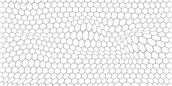 Fishing or soccer net. Repeated hexagon pattern. Black wired mesh texture isolated on white background. Metallic or fabric fence, cage or lattice structure. Vector graphic Illustration.