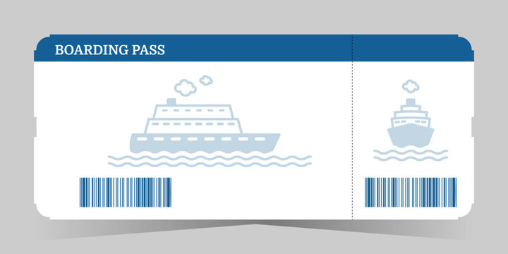 Cruise boarding pass ticket template with barcode and cruise ship icon. Sea travel boarding pass design for summer vacation and marine tourism. Vector illustration