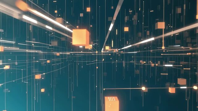 Glowing digital data cubes floating in futuristic network with vibrant light trails in technology concept