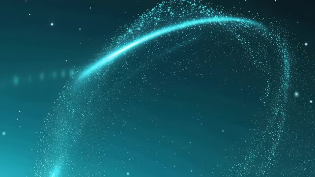 Abstract digital particles forming glowing ring with cosmic space background and futuristic light effects