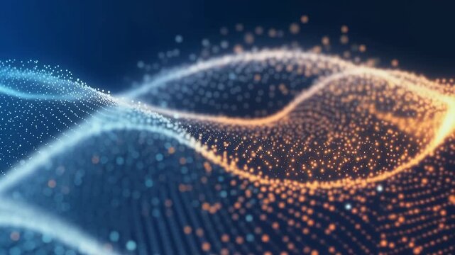 Abstract glowing particle wave flow with blue and orange colors for digital technology and futuristic design