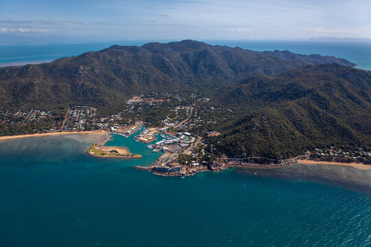 Nelly Bay aerial view of marina, coastline and mountains on Magnetic Island