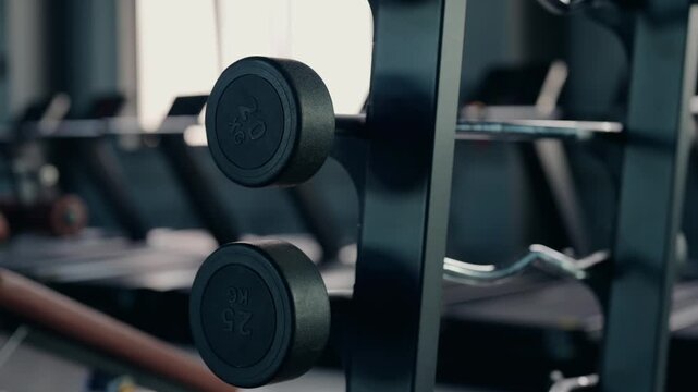 Various barbells and dumbbells organized on a weight rack inside a modern gym, representing strength training equipment for bodybuilding and fitness with treadmills in the blurred background