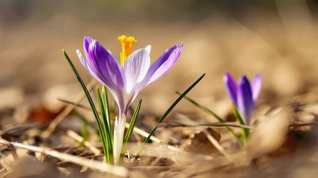 Close up of purple crocus flowers blooming in spring nature with soft background