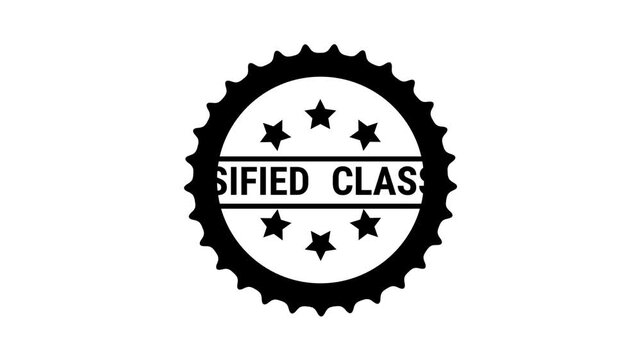 This black jagged circular stamp features the word classified in white text set against a dark background with small stars along the inner border