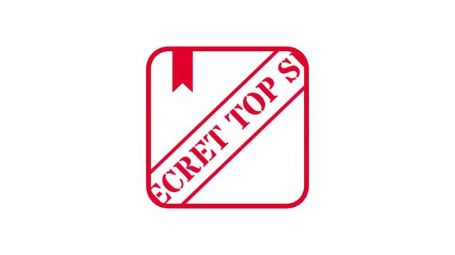 This red rectangular tag icon with a ribbon detail at the top has the words top secret written diagonally across its center on a white background