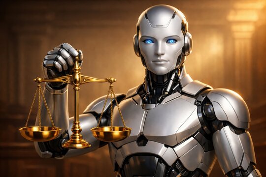 Justice in Code: An advanced android embodies the scales of justice, reflecting the evolving intersection of law and technology in a modern courtroom. 