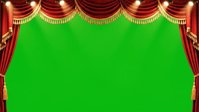 Elegant red velvet stage curtains slowly open revealing bright green screen background with spotlights shining down for chroma key effect and performance showcase
