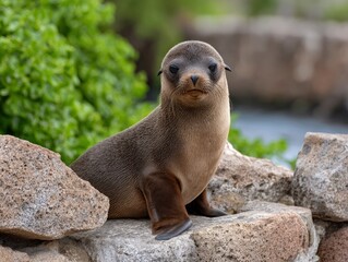 Obraz premium An adorable marine mammal pup with sleek, wet fur and captivating dark eyes sits thoughtfully on textured coastal rocks. The young sea creature appears to be observing its surroundings with a gentle c