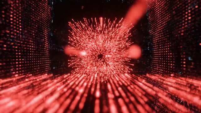 Dynamic red digital tunnel motion abstract background with glowing particles and futuristic data stream, cinematic cyberspace exploration visualizing technology and information flow