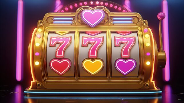 Golden Slot Machine with Seven and Heart Symbols in Casino