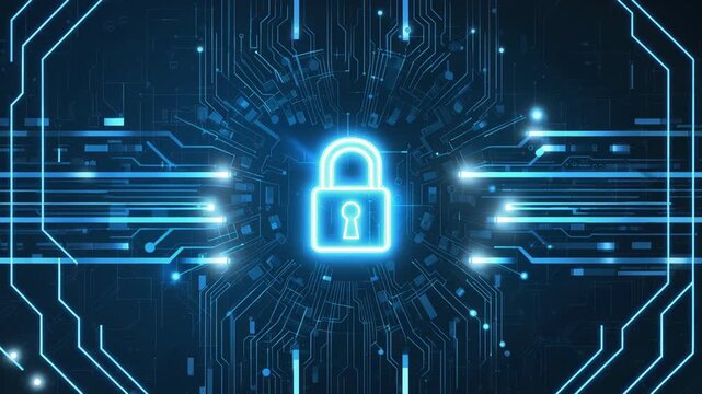Glowing digital padlock security concept with futuristic blue circuit lines and cyber protection background