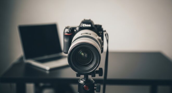 A black Canon camera lens is mounted on a tripod, capturing a blurred background of a laptop and a wooden table.