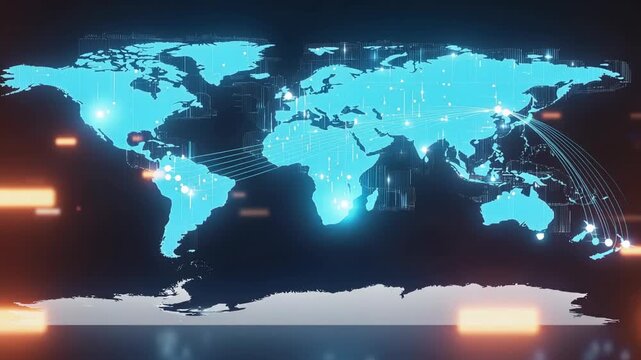 Global digital network connections world map with data points and glowing lines illustrating international communication