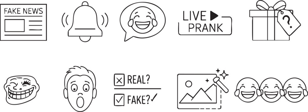 Various social media icons and symbols for fake news and pranks