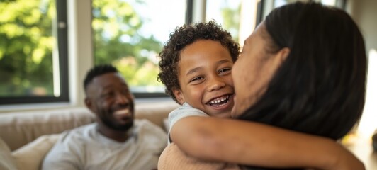 Obraz premium Family Hugging in Living Room, Smiling Child with Parents