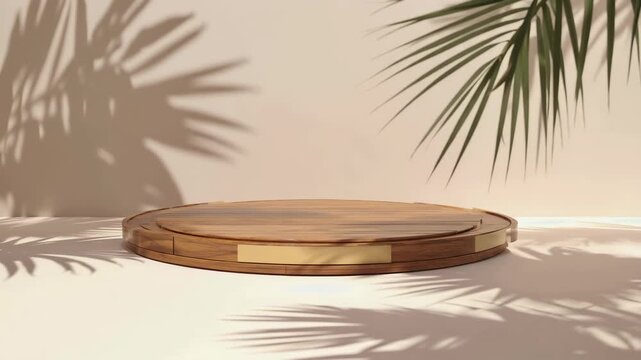 Minimalist wooden round display podium with tropical leaf shadows on neutral background for product presentation