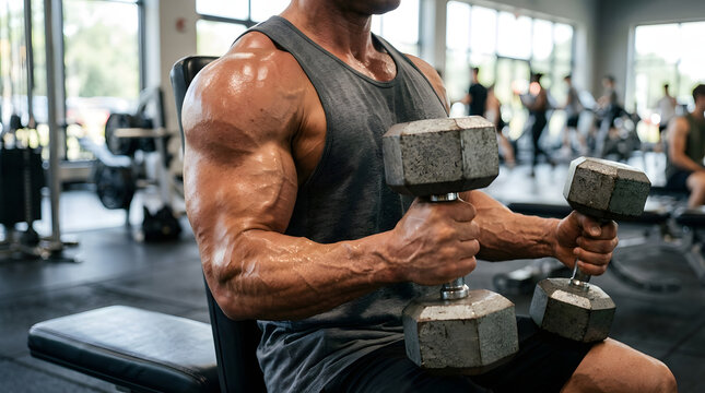 Close-up of muscular man lifting dumbbells in gym, focusing on biceps and arm definition. Strength training, bodybuilding, and fitness lifestyle concept.