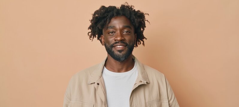 Contemporary Male Portrait against Peach Backdrop, Casual Attire with Afro Hairstyle