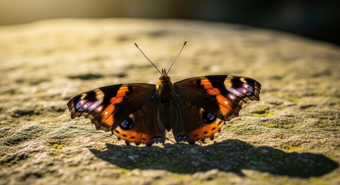 A vibrant peacock with its wings spread wide, perched on a rock in a lush green forest, surrounded by tall trees and a babbling brook.