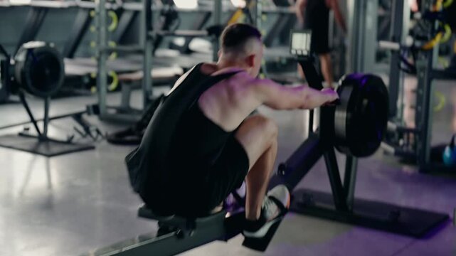 Muscular athlete training his back and legs with an intense rowing machine workout inside a modern fitness club, improving his stamina and strengthening his body for a healthy lifestyle