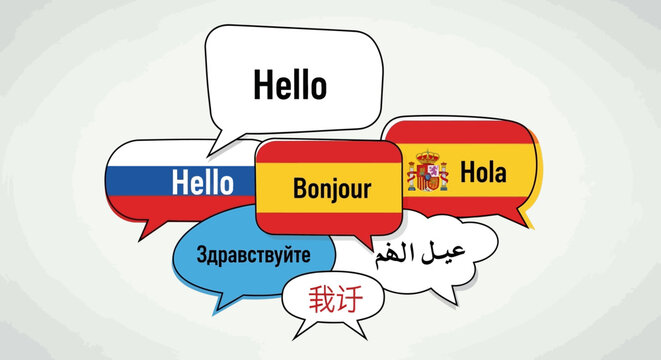 Multilingual Hello speech bubbles with various country flags for global communication and language learning vector