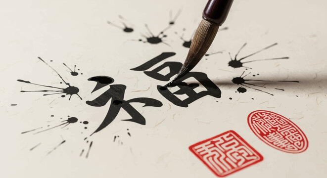 Traditional Chinese calligraphy brush writing character with black ink splatters and red seals on textured paper
