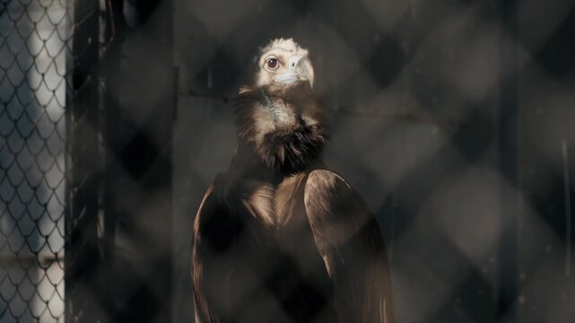 A cinereous vulture sits in its cage at the zoo. Its brown feathers contrast with the light gray head and neck. Sunlight filters through the metal mesh of the enclosure, creating a patterned effect.