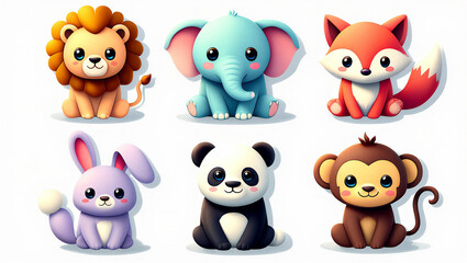 Obraz premium A colorful illustration of six cute cartoon animals on a white background
