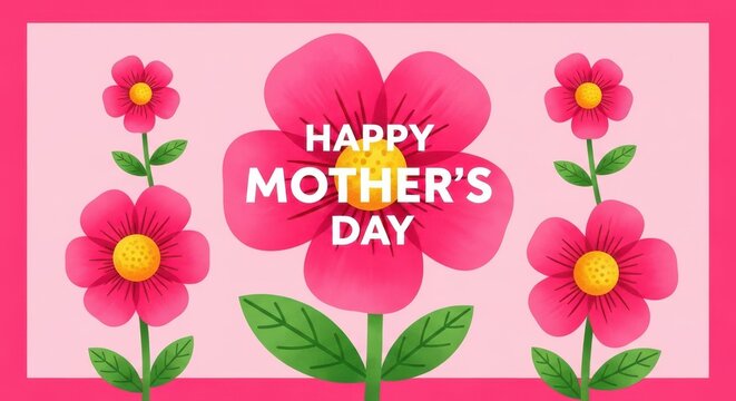 Happy mothers day pink flowers on pink background with border