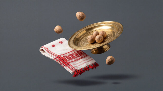 Floating Assamese Bihu elements with red-white Gamusa cloth, brass bowl, and betel nuts in levitation style on gray background