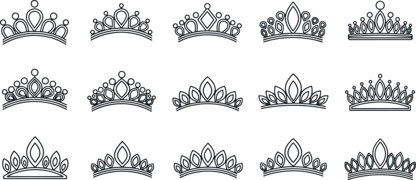 Large Set of Elegant Queen Crowns and Princess Tiaras in Minimalist Line Art