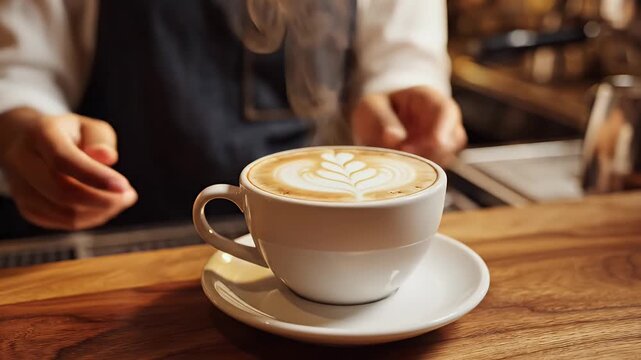 Close-up of a barista's hands presenting a steaming latte with latte art