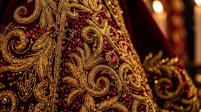 Close-up of intricate gold embroidery on deep red vestment with beaded accents and candlelight glow. Traditional religious garment for cultural festivals and faith celebrations in philippine heritage