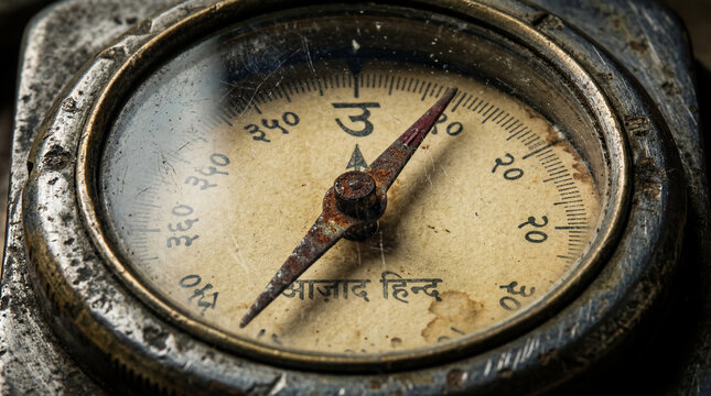 Rusty vintage compass pointing north with Azaad Hind inscription in Hindi. Historical navigation tool symbolizing Indian independence and freedom struggle. Artifact for patriotic education and