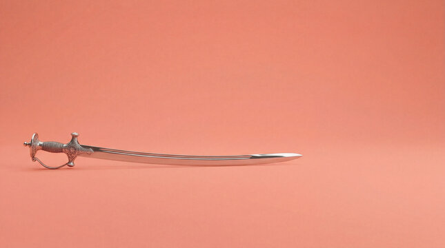 Curved talwar sword isolated on orange background. Indian historical weapon symbolizing valor and national pride. Heritage artifact for Republic Day commemoration