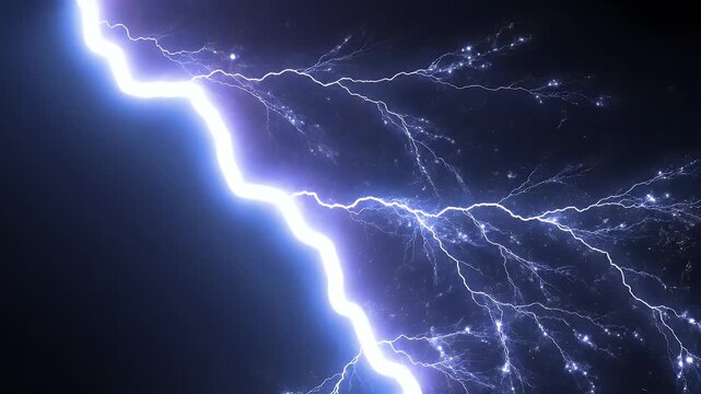 Jagged bright lightning strikes illuminate the dark sky with blue and white