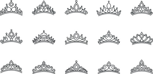 Set of elegant tiara and crown vector line art illustrations for princess, queen, and wedding design © MAHDIHASAN