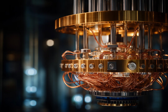 A gold-plated quantum computer dilution refrigerator (the chandelier) hanging in a sterile, dark laboratory, intricate copper wiring and hardware, dramatic rim lighting, shallow depth of field