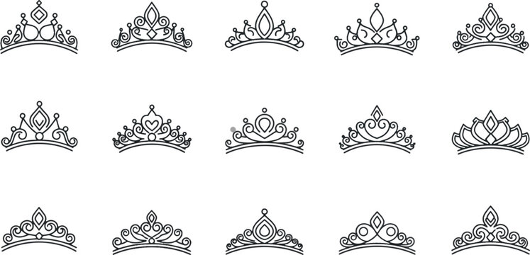 Set of elegant tiara and crown vector line art illustrations for princess, queen, and wedding design