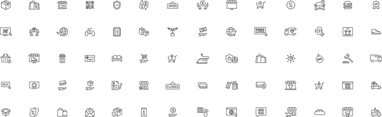 Fototapeta premium Ecommerce shopping retail vector icons set, minimal line outline symbols store delivery EPS collection pack