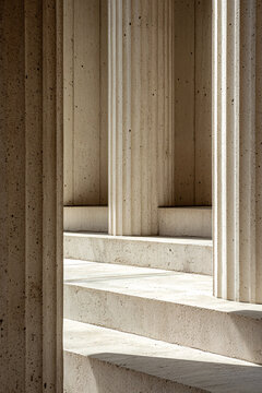 Abstract view of classical stone columns and sunlit stairs