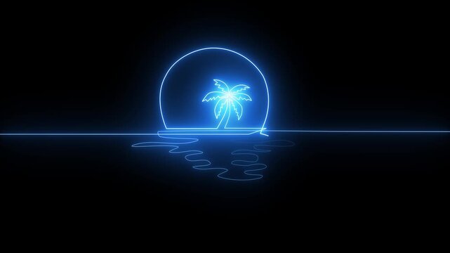 Neon-lit tropical island with palm tree inside glowing blue dome on water neon island glowing dome tropical paradise