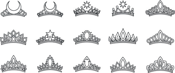 Minimalist tiara and crown line icons set, royal queen and princess diadem symbols isolated on white background. © MAHDIHASAN